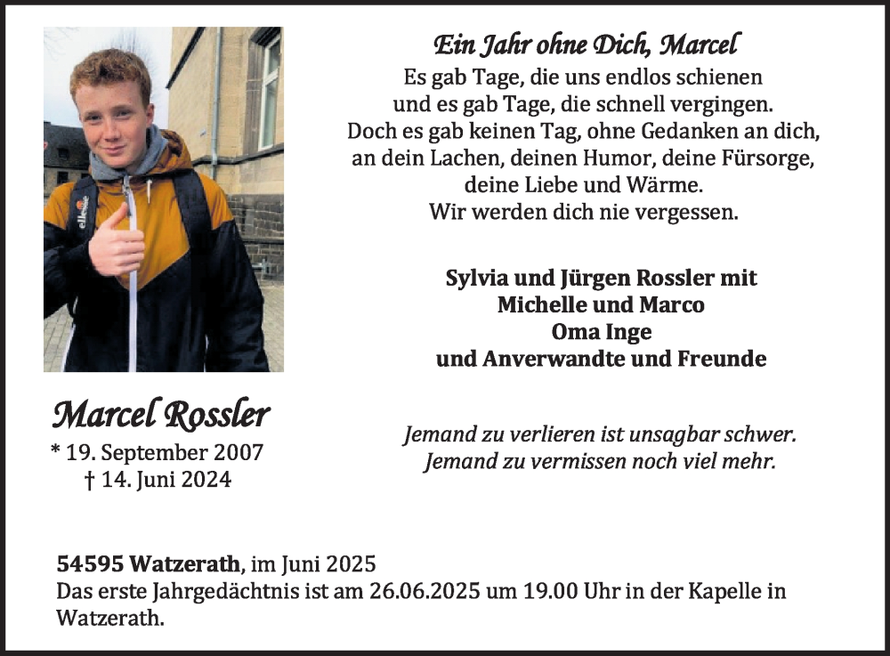  Traueranzeige für Marcel Rossler vom 13.06.2025 aus WochenSpiegel