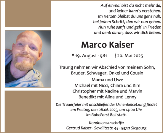 Traueranzeige von Marco Kaiser von WochenSpiegel