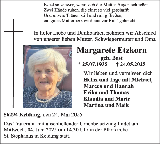 Traueranzeige von Margarete Etzkorn von WochenSpiegel