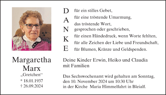 Traueranzeige von Margaretha Marx von WochenSpiegel