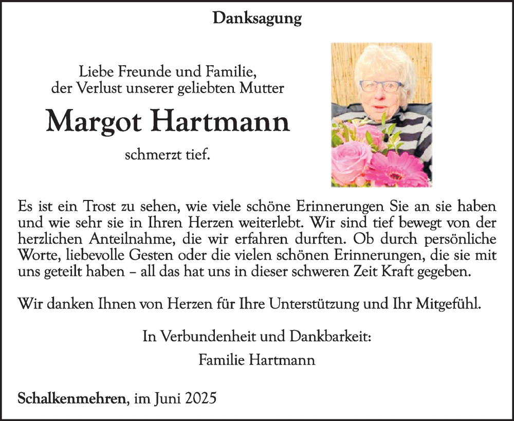  Traueranzeige für Margot Hartmann vom 28.06.2025 aus WochenSpiegel