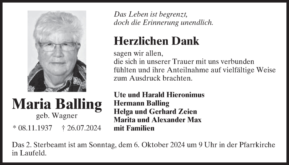  Traueranzeige für Maria Balling vom 25.09.2024 aus WochenSpiegel
