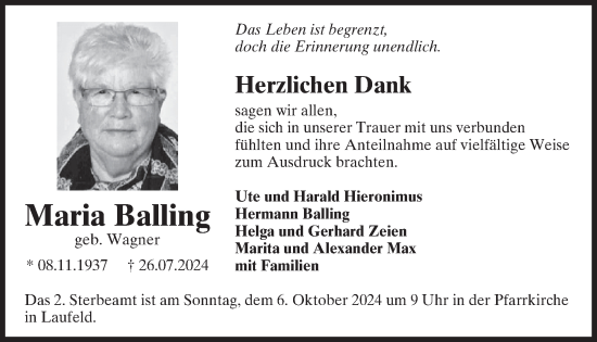 Traueranzeige von Maria Balling von WochenSpiegel