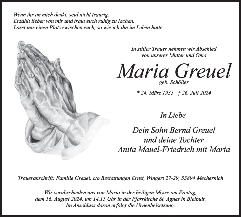  Traueranzeige für Maria Greuel vom 07.08.2024 aus WochenSpiegel