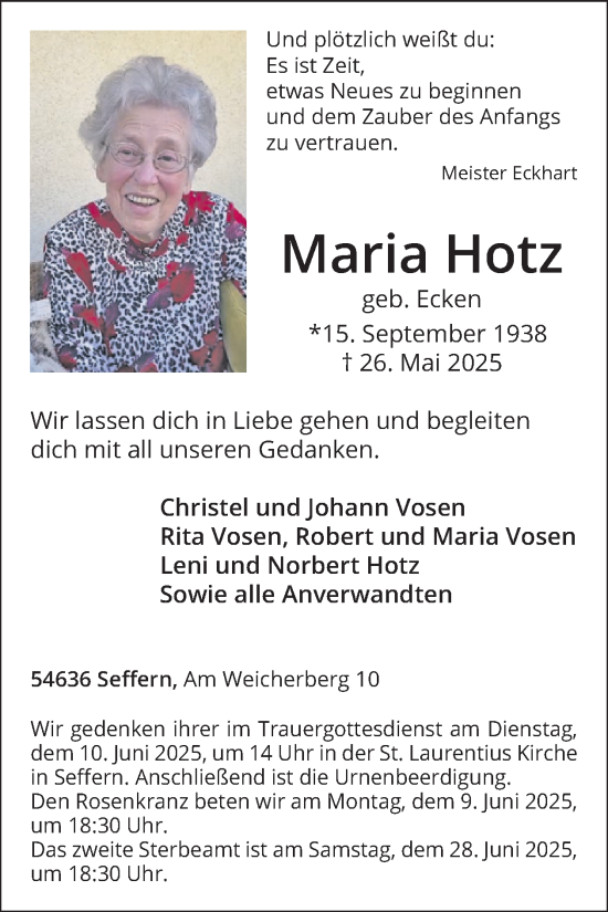 Traueranzeige von Maria Hotz von WochenSpiegel