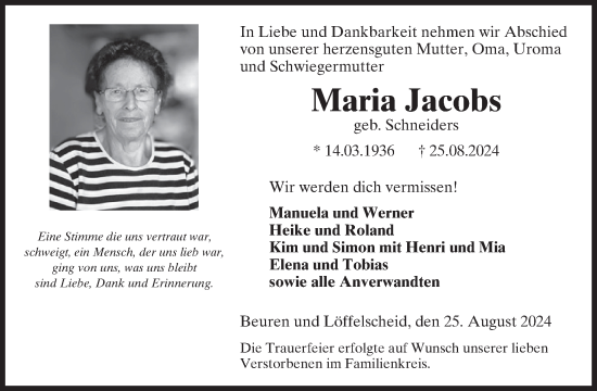 Traueranzeige von Maria Jacobs von WochenSpiegel
