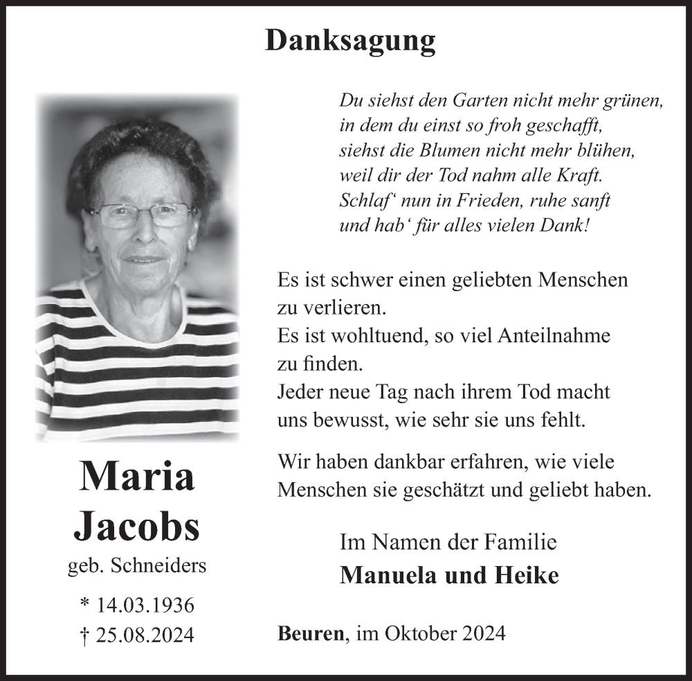  Traueranzeige für Maria Jacobs vom 09.10.2024 aus WochenSpiegel