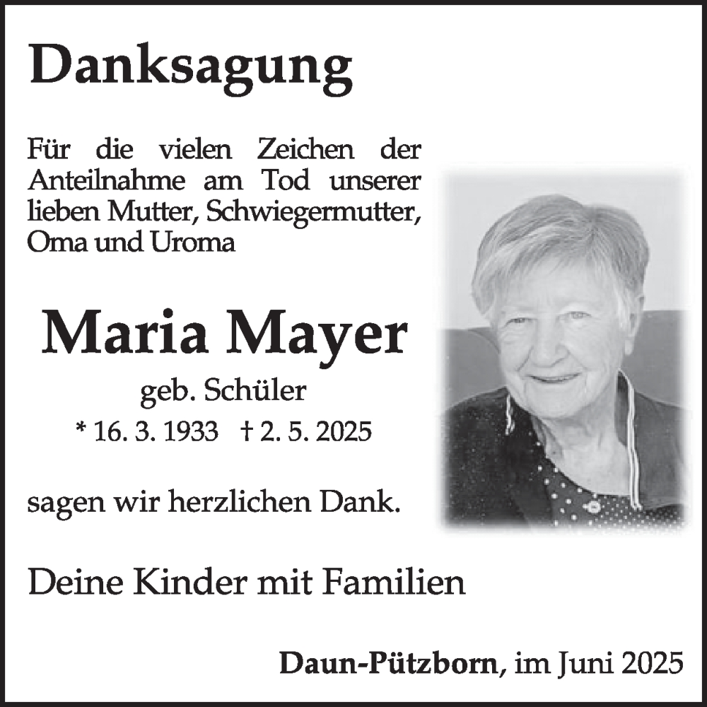  Traueranzeige für Maria Mayer vom 14.06.2025 aus WochenSpiegel