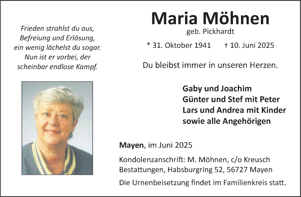 Traueranzeige für Maria Möhnen vom 25.06.2025 aus WochenSpiegel
