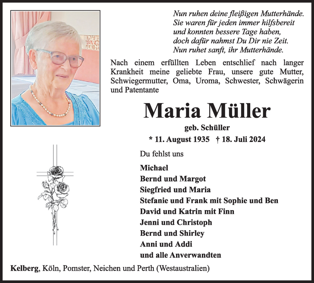  Traueranzeige für Maria Müller vom 27.07.2024 aus WochenSpiegel