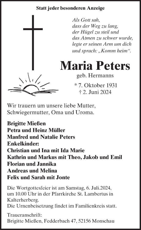 Traueranzeige von Maria Peters von WochenSpiegel