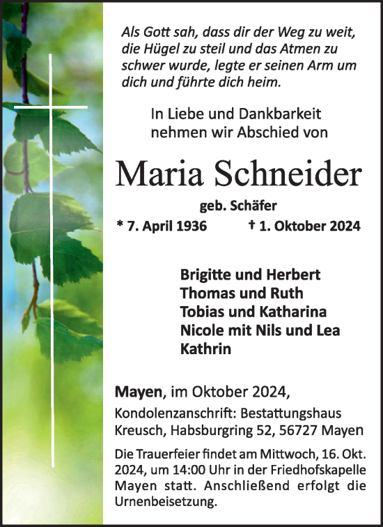 Traueranzeige von Maria Schneider von WochenSpiegel