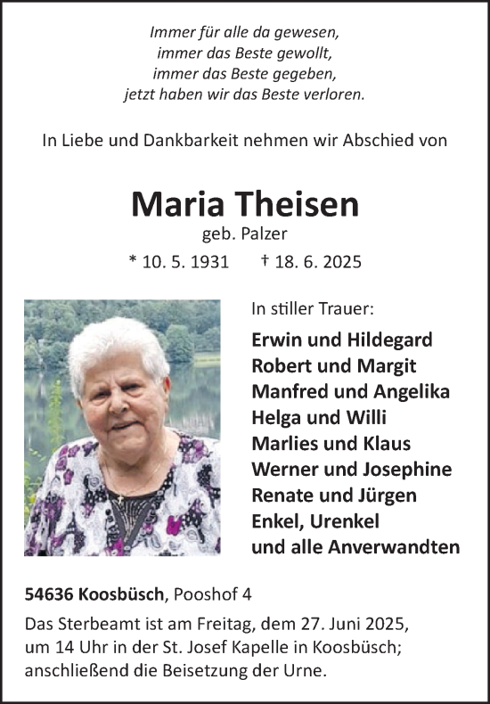Traueranzeige von Maria Theisen von WochenSpiegel
