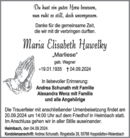 Traueranzeige von Maria Elisabeth Hawelky von WochenSpiegel