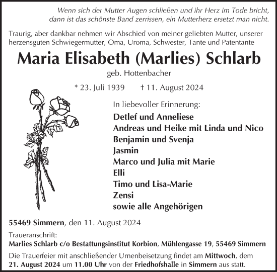 Traueranzeige von Maria Elisabeth Schlarb von WochenSpiegel