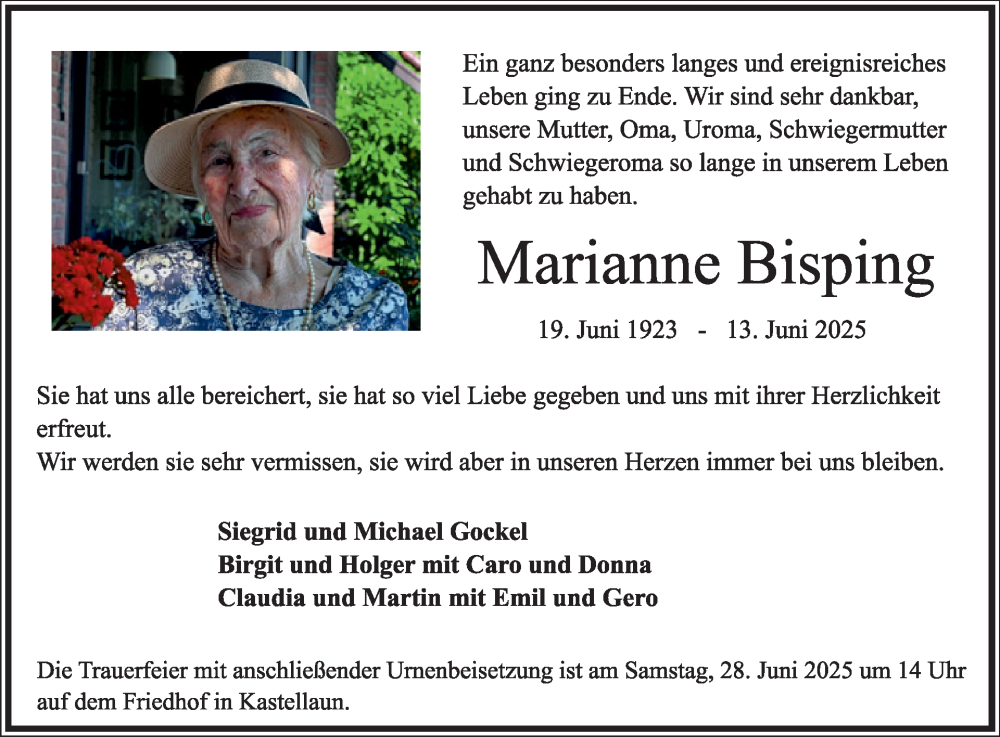  Traueranzeige für Marianne Bisping vom 21.06.2025 aus WochenSpiegel