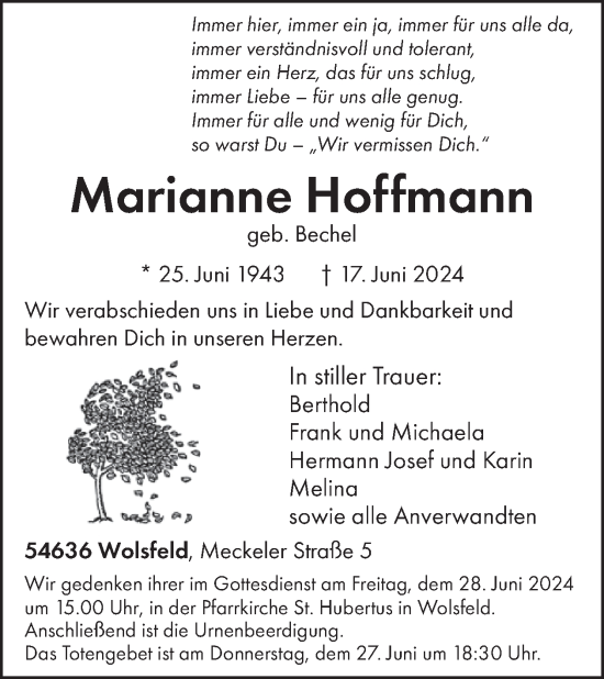 Traueranzeige von Marianne Hoffmann von WochenSpiegel