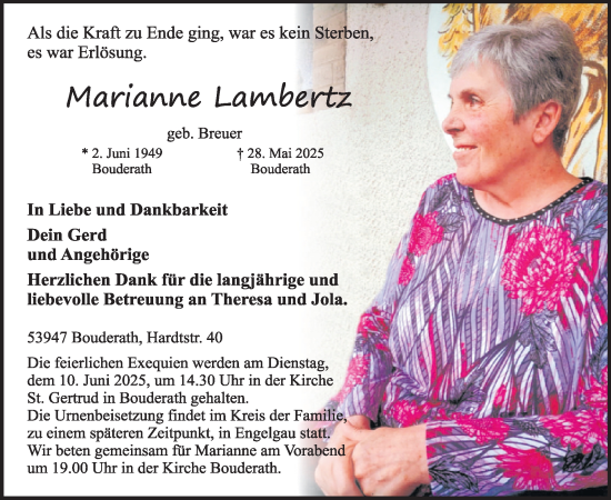Traueranzeige von Marianne Lambertz von WochenSpiegel