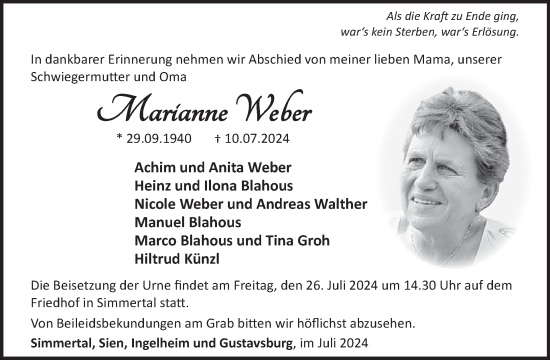 Traueranzeige von Marianne Weber von WochenSpiegel