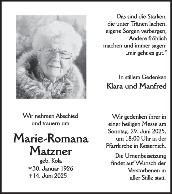 Traueranzeige von Marie-Romana Matzner von WochenSpiegel
