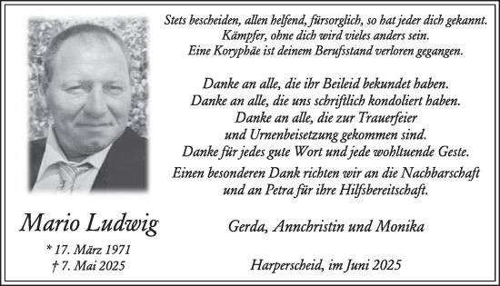 Traueranzeige von Mario Ludwig von WochenSpiegel