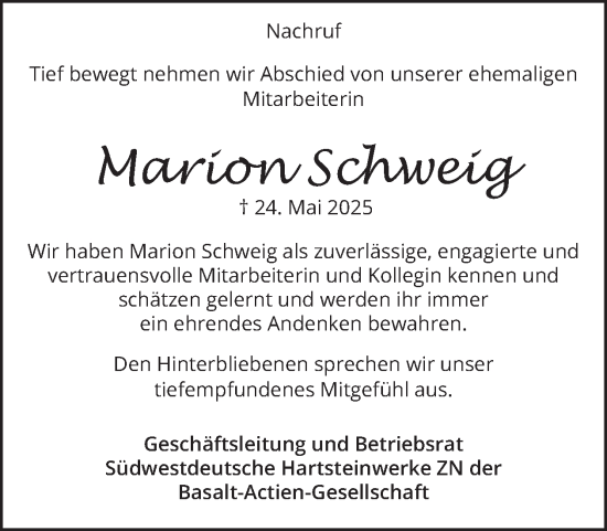 Traueranzeige von Marion Schweig von WochenSpiegel