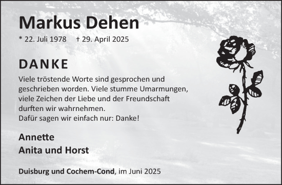 Traueranzeige von Markus Dehen von WochenSpiegel