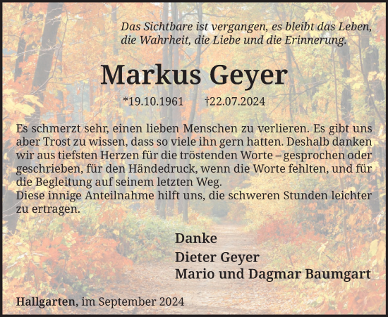 Traueranzeige von Markus Geyer von WochenSpiegel