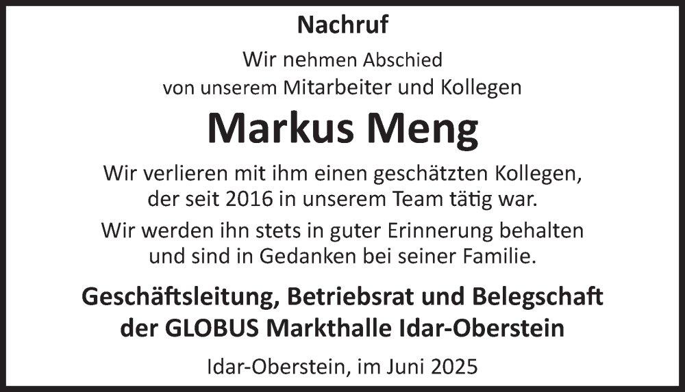  Traueranzeige für Markus Meng vom 28.06.2025 aus WochenSpiegel