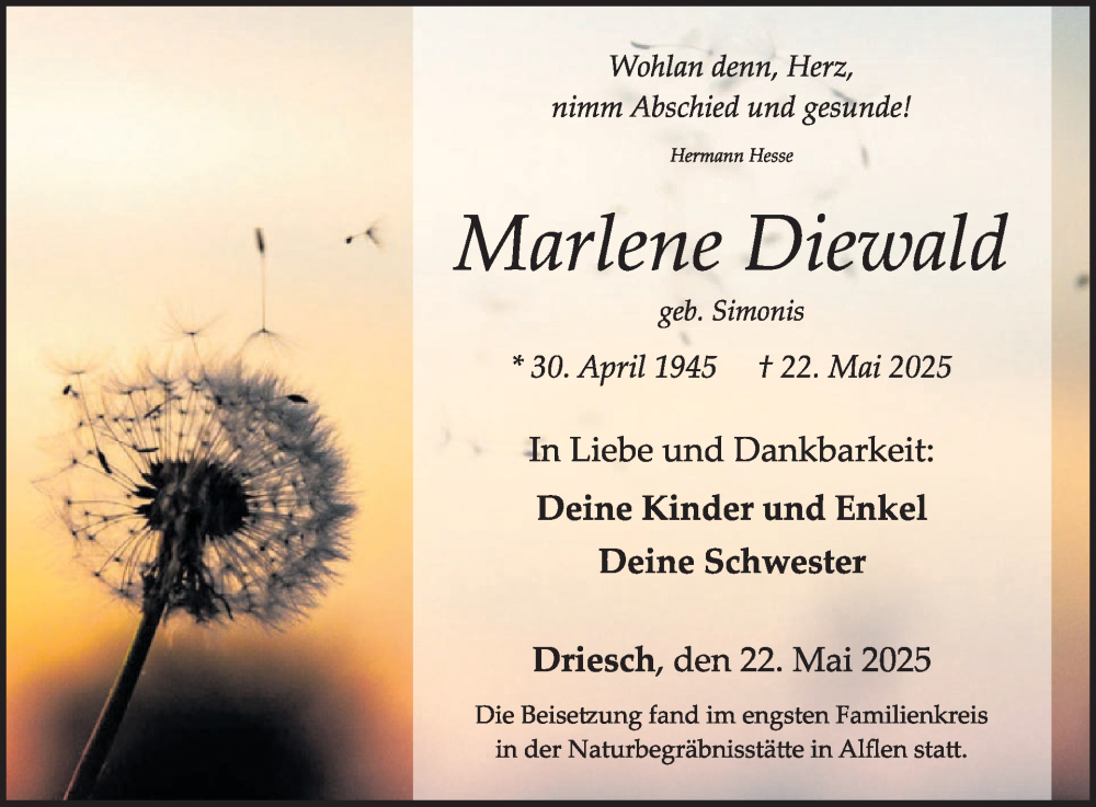 Traueranzeige für Marlene Diewald vom 04.06.2025 aus WochenSpiegel
