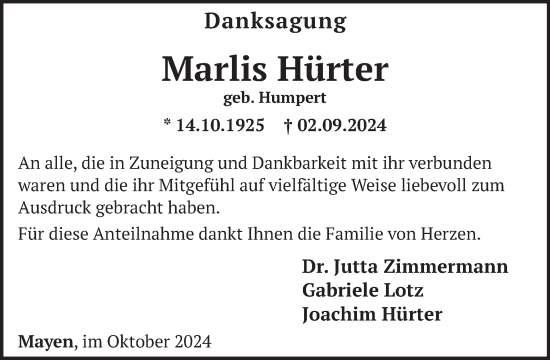 Traueranzeige von Marlis Hürter von WochenSpiegel