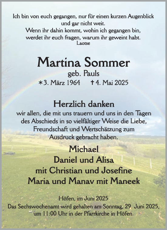 Traueranzeige von Martina Sommer von WochenSpiegel