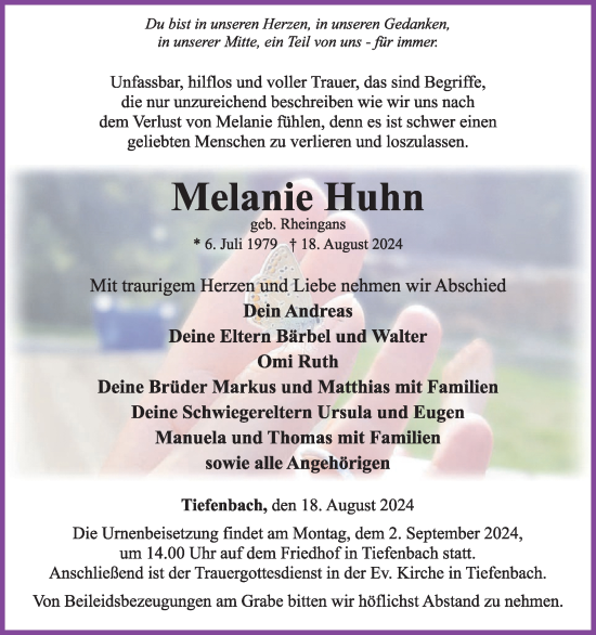 Traueranzeige von Melanie Huhn von WochenSpiegel