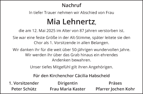 Traueranzeige von Mia Lehnertz von WochenSpiegel