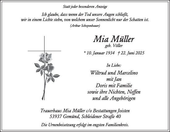 Traueranzeige von Mia Müller von WochenSpiegel