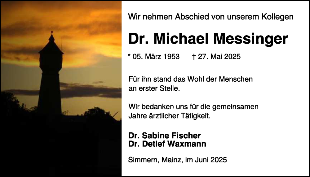  Traueranzeige für Michael Messinger vom 14.06.2025 aus WochenSpiegel