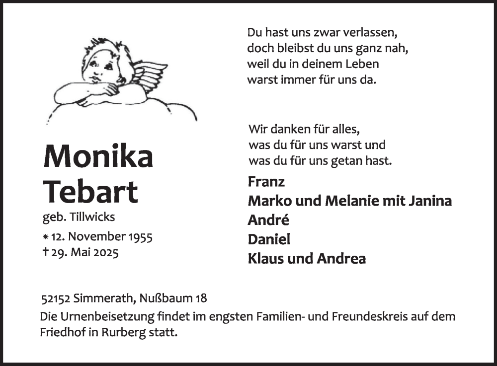  Traueranzeige für Monika Tebart vom 04.06.2025 aus WochenSpiegel