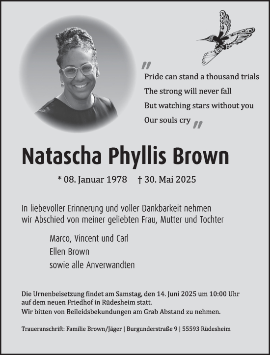 Traueranzeige von Natascha Phyllis Brown von WochenSpiegel