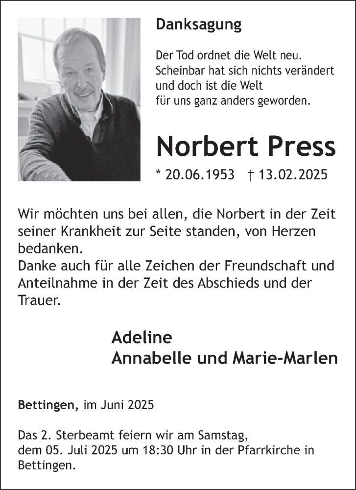  Traueranzeige für Norbert Press vom 20.06.2025 aus WochenSpiegel
