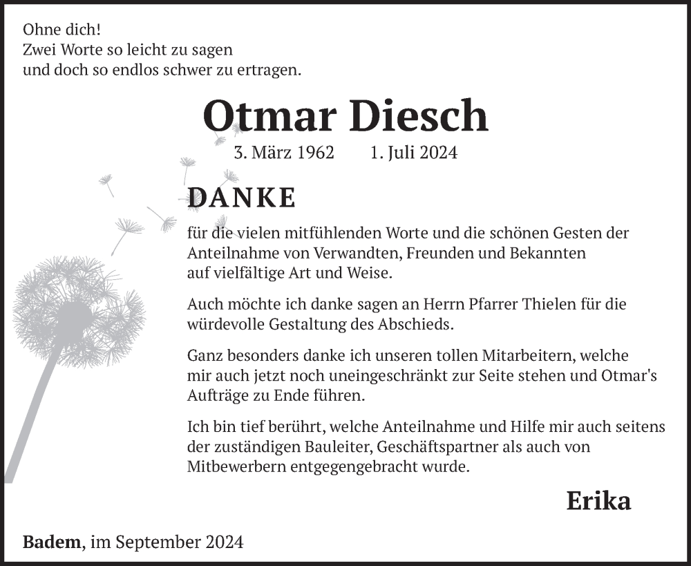  Traueranzeige für Otmar Diesch vom 06.09.2024 aus WochenSpiegel