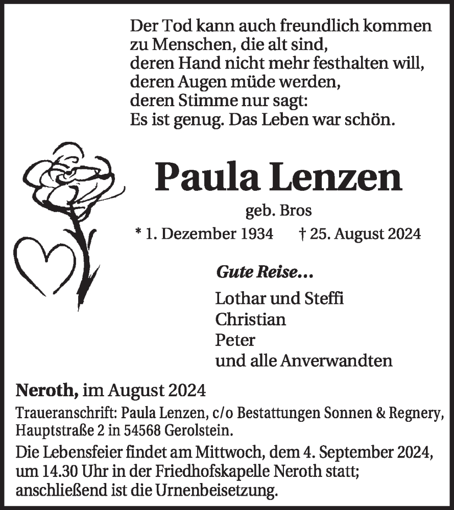  Traueranzeige für Paula Lenzen vom 31.08.2024 aus WochenSpiegel
