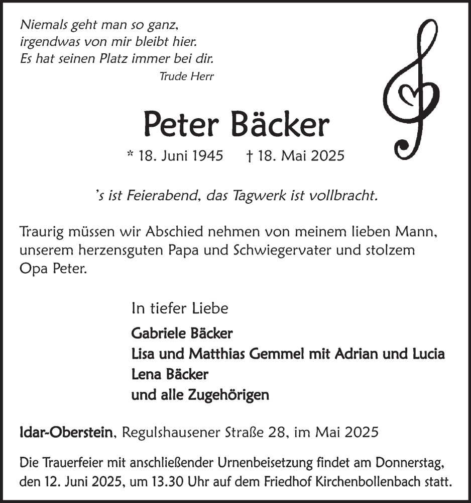  Traueranzeige für Peter Bäcker vom 07.06.2025 aus WochenSpiegel