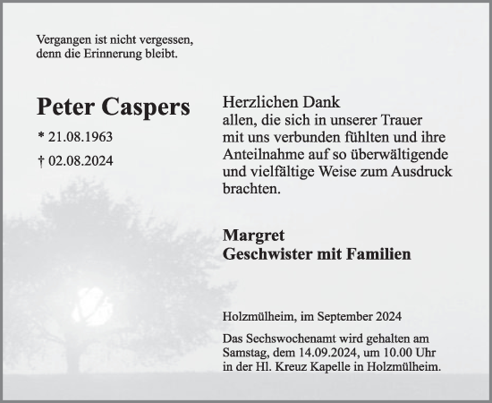 Traueranzeige von Peter Caspers von WochenSpiegel