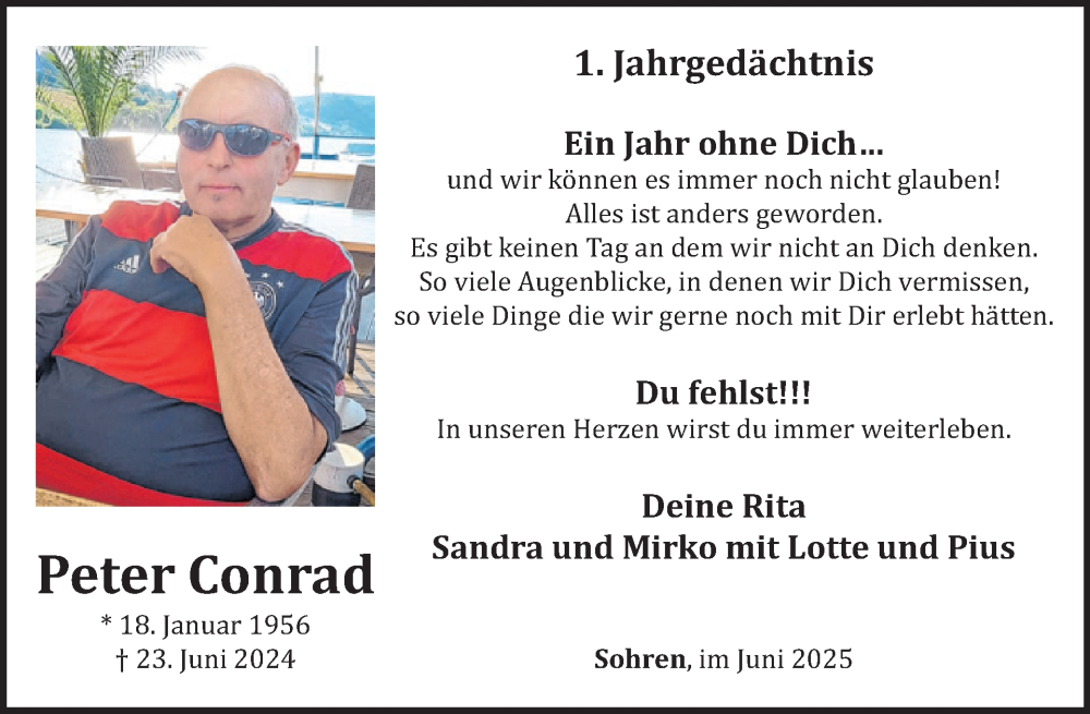  Traueranzeige für Peter Conrad vom 21.06.2025 aus WochenSpiegel