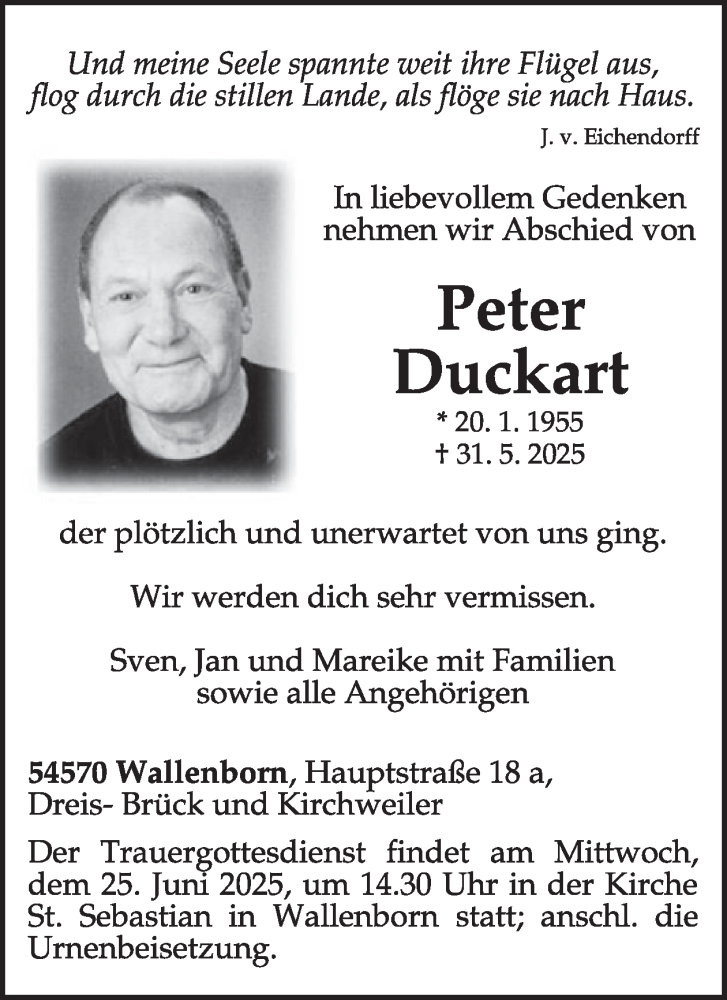 Traueranzeige für Peter Duckart vom 14.06.2025 aus WochenSpiegel