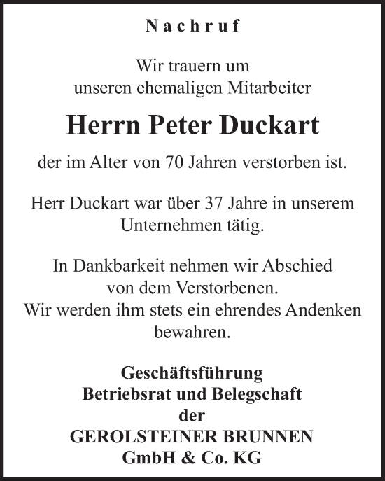 Traueranzeige von Peter Duckart von WochenSpiegel
