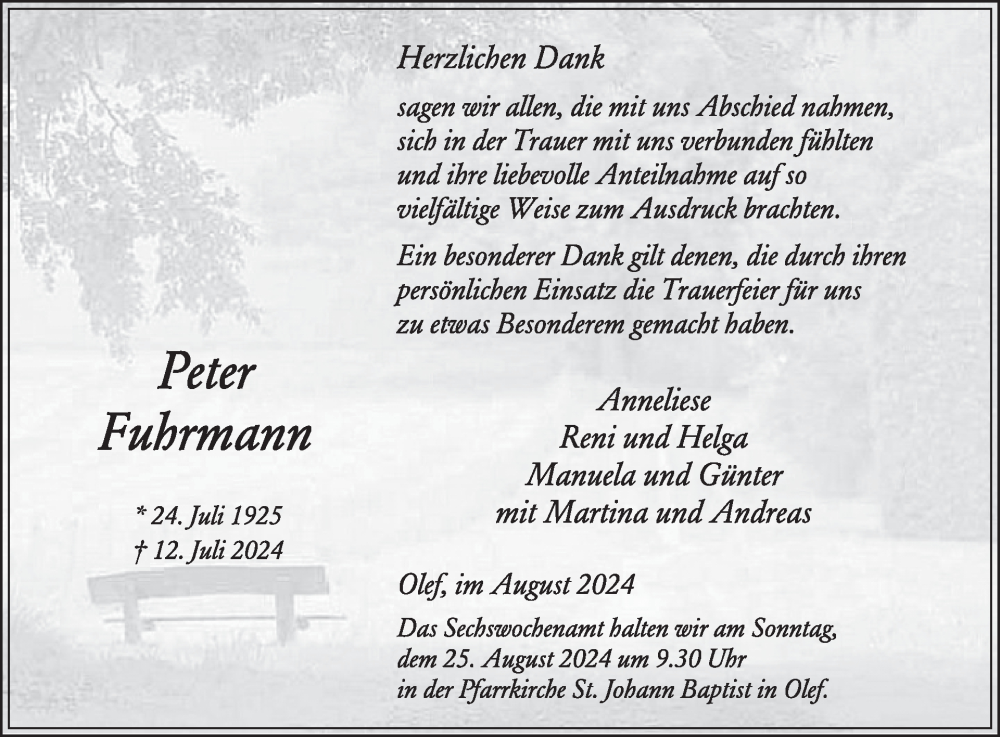  Traueranzeige für Peter Fuhrmann vom 14.08.2024 aus WochenSpiegel