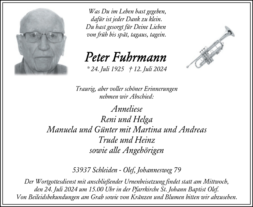  Traueranzeige für Peter Fuhrmann vom 17.07.2024 aus WochenSpiegel