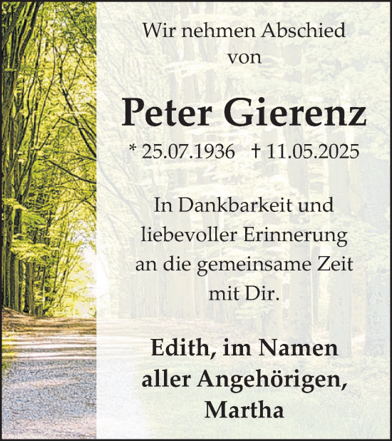 Traueranzeige von Peter Gierenz von WochenSpiegel