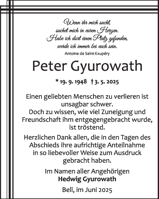Traueranzeige von Peter Gyurowath von WochenSpiegel